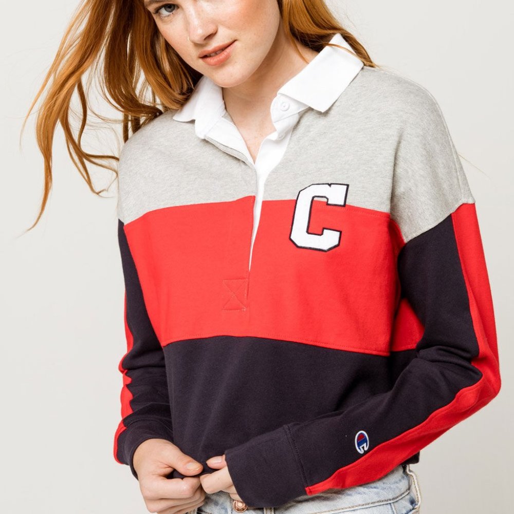 FREE🌟CHAMPION Rugby Polo Shirt Long Sleeve Crop Top Sweatshirt Blue Red White